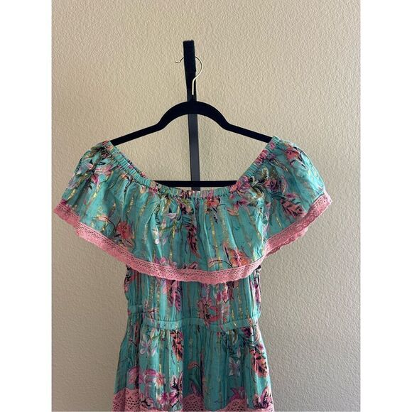 Barok Paris Floral Off The Shoulder Cotton Blend Maxi Dress In Seafoam Size M - Picture 4 of 8